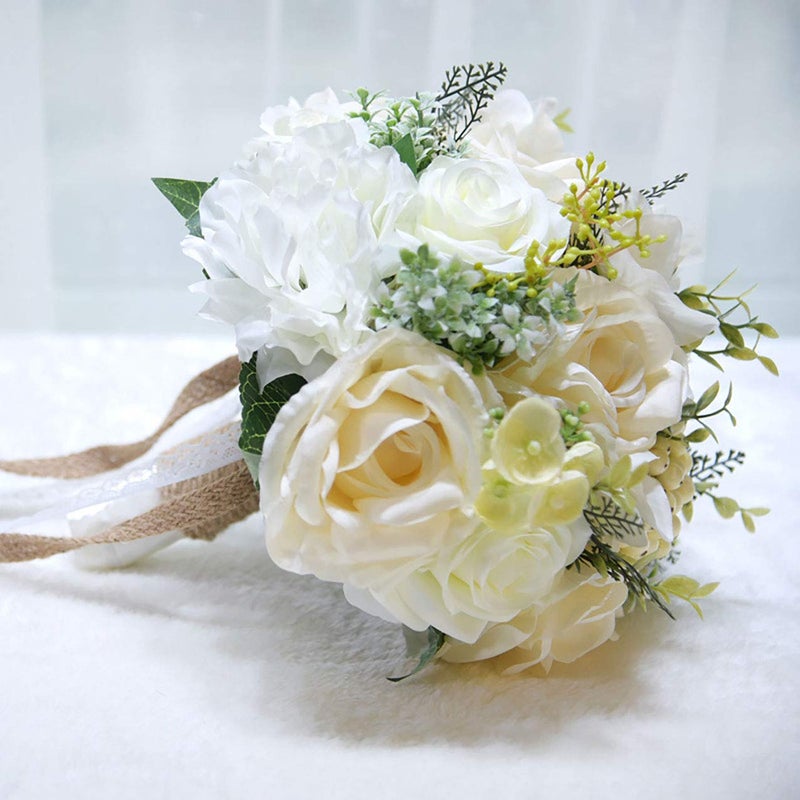 Fiwisora 9.8" Bridal Holding Wedding Bouquet Real-Looking Mixed Flowers Ivory Greenery Bridal Throw Bouquet for Brides Bridesmaid Wedding Hold Flower, Ivory - Image 4